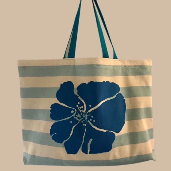 NWT- Bright Blue Flower Handprinted on Blue and White Stripe Tote Bag. - Picture 2 of 9